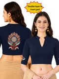 Women Mandarin Collar Back Printed Stretchable Elbow Sleeve Blouse U0280 Navy