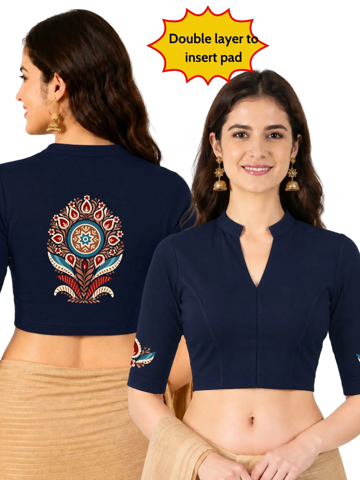 Women Mandarin Collar Back Printed Stretchable Elbow Sleeve Blouse U0280 Navy