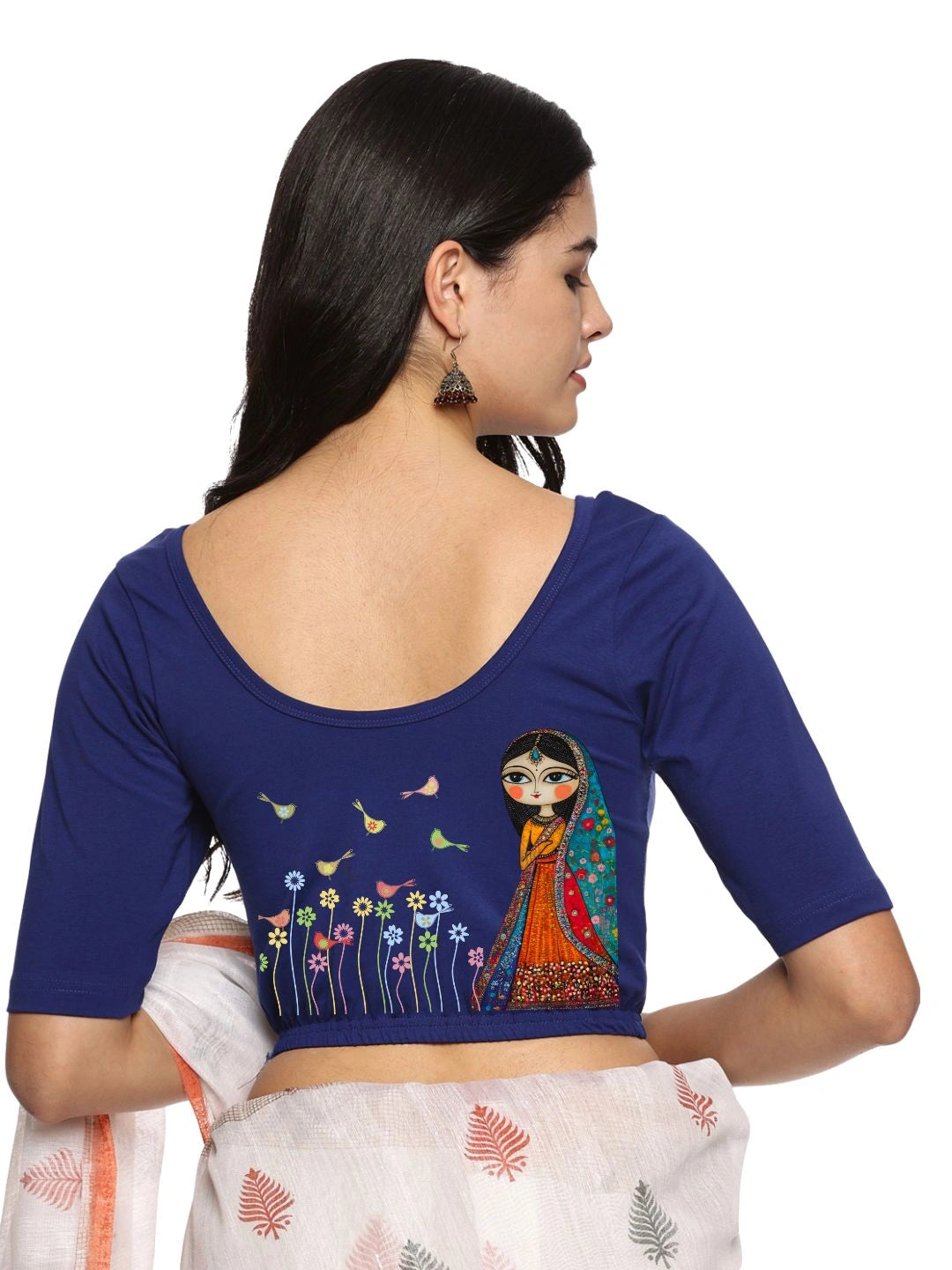 Women Back Printed Stretchable Half Sleeve Blouse U0223 Royal Blue