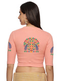 Women Back Printed Stretchable Elbow Sleeve RIB Blouse U0254 Peach