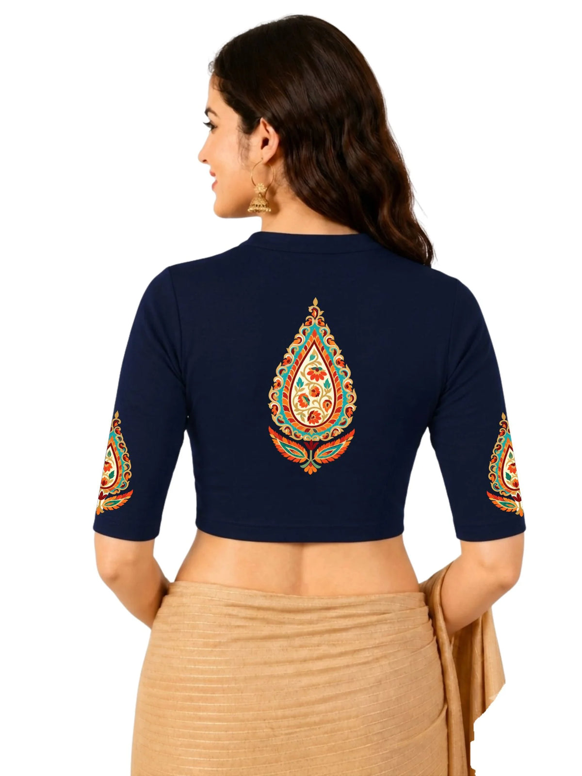 Women Mandarin Collar Back Printed Stretchable Elbow Sleeve Blouse U0279 Navy