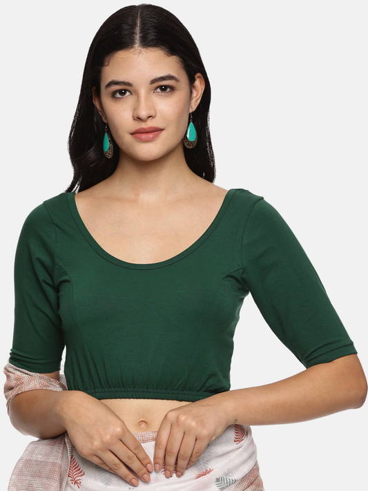 Women Back Printed Stretchable Half Sleeve Blouse U0161 Bottle Green