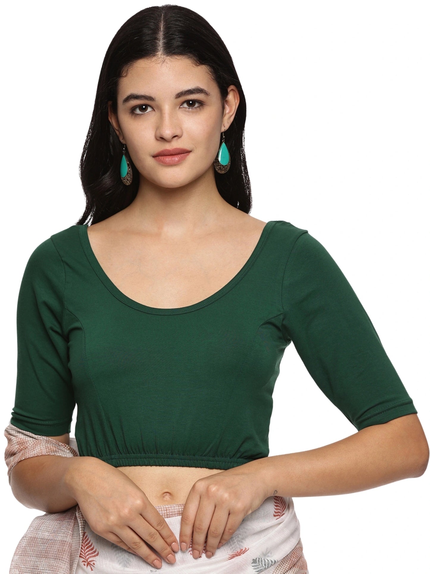 DIY Embroidery Kit with Women Stretchable Half Sleeve Blouse E01 – Bottle Green