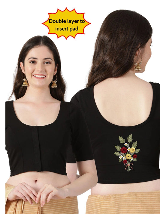 DIY Embroidery Kit with Women Front Open Stretchable Half Sleeve Blouse E010– Black