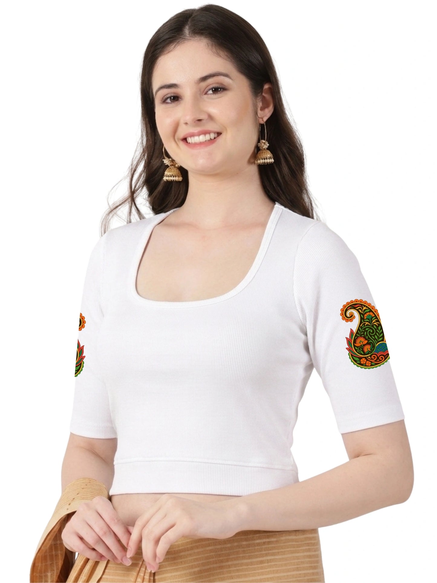 Women Stretchable Rib Square Neck Puff Sleeve Blouse Back Print U0247 White
