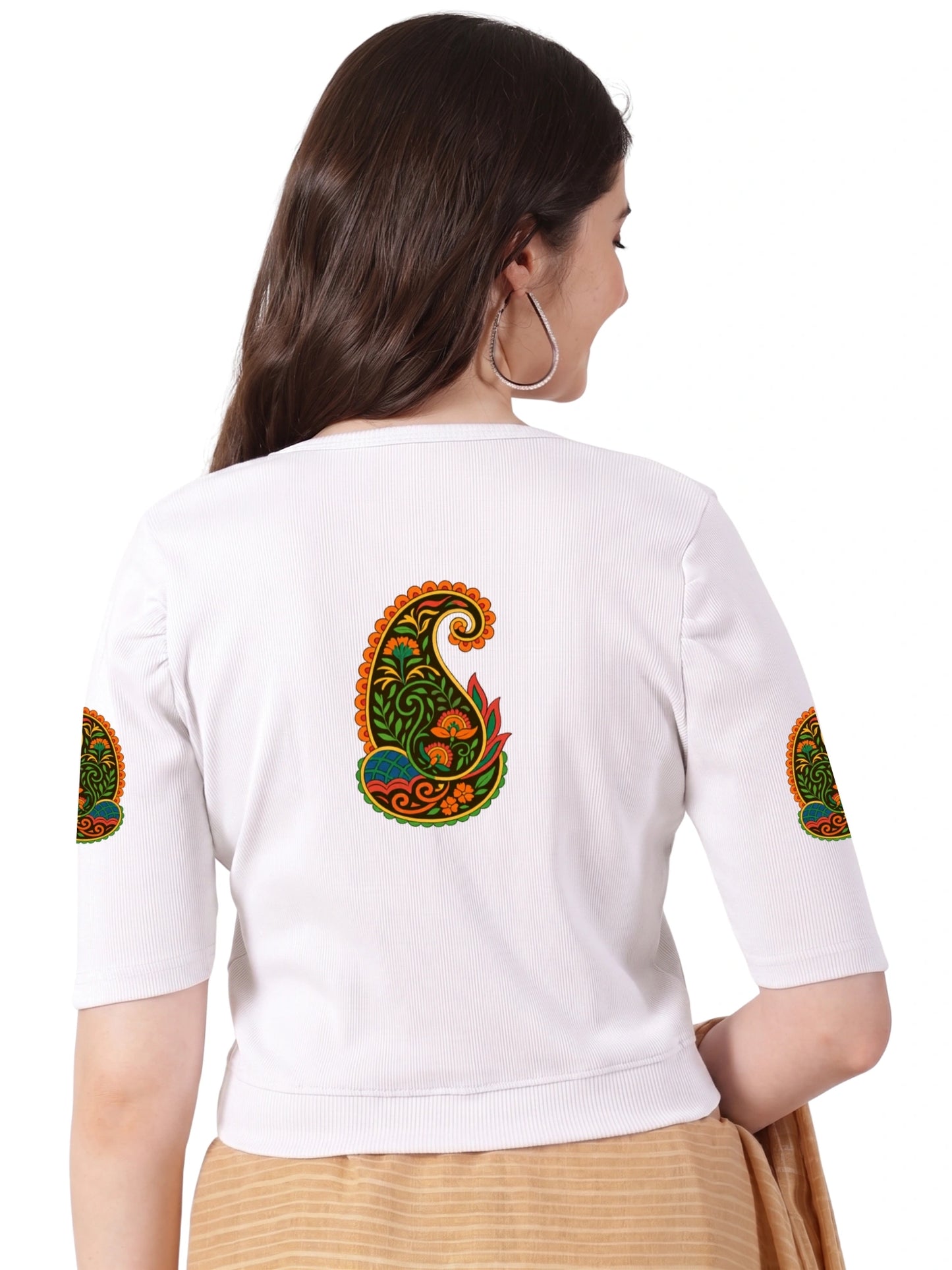 Women Stretchable Rib Square Neck Puff Sleeve Blouse Back Print U0247 White