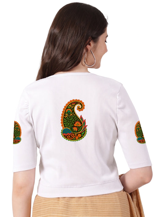 Women Stretchable Rib Square Neck Puff Sleeve Blouse Back Print U0247 White