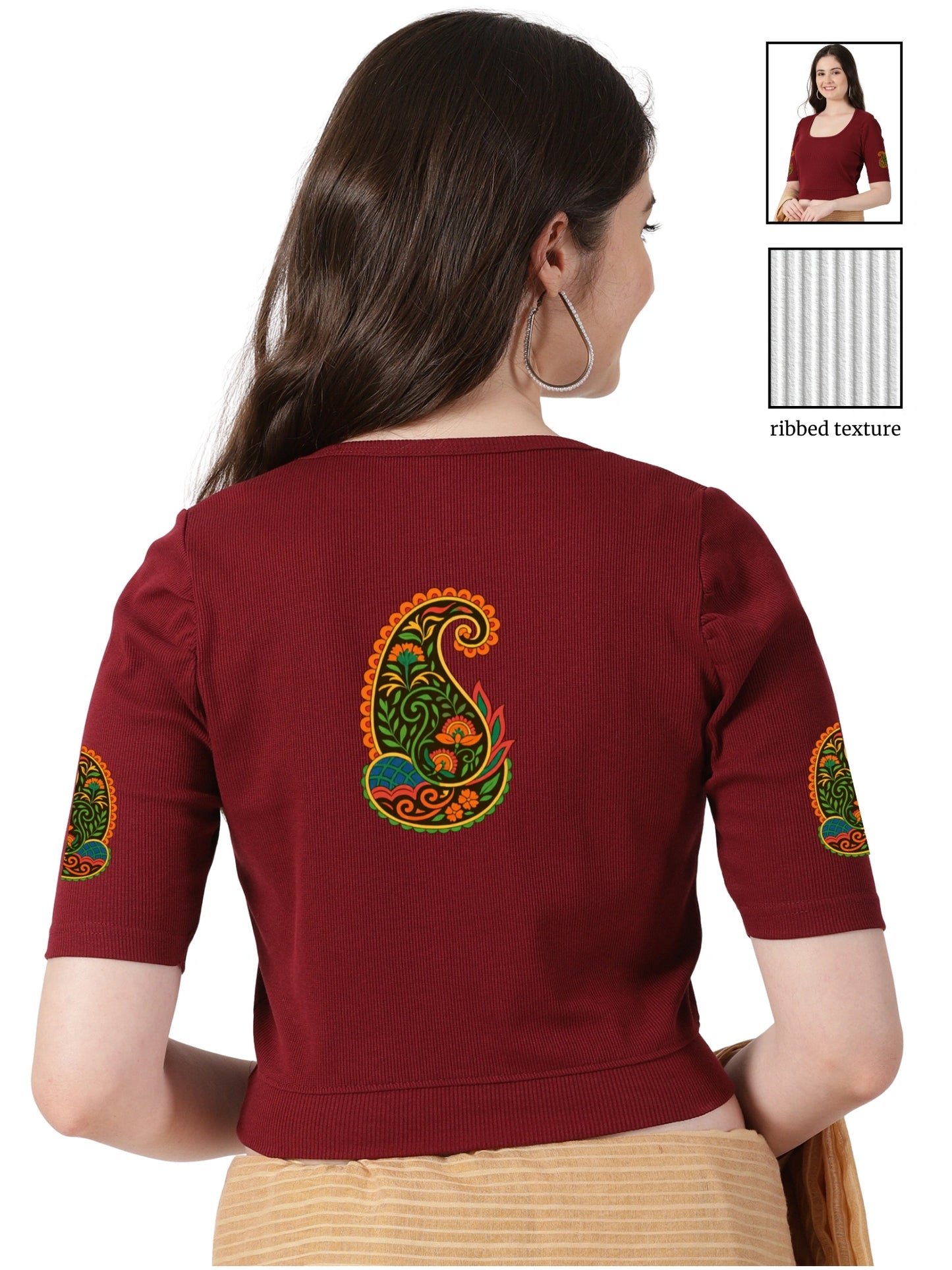 Women Stretchable Rib Square Neck Puff Sleeve Blouse Back Print U0247 Maroon