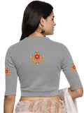 Women Back Printed Stretchable Elbow Sleeve RIB Blouse U0158 LT Steel Grey