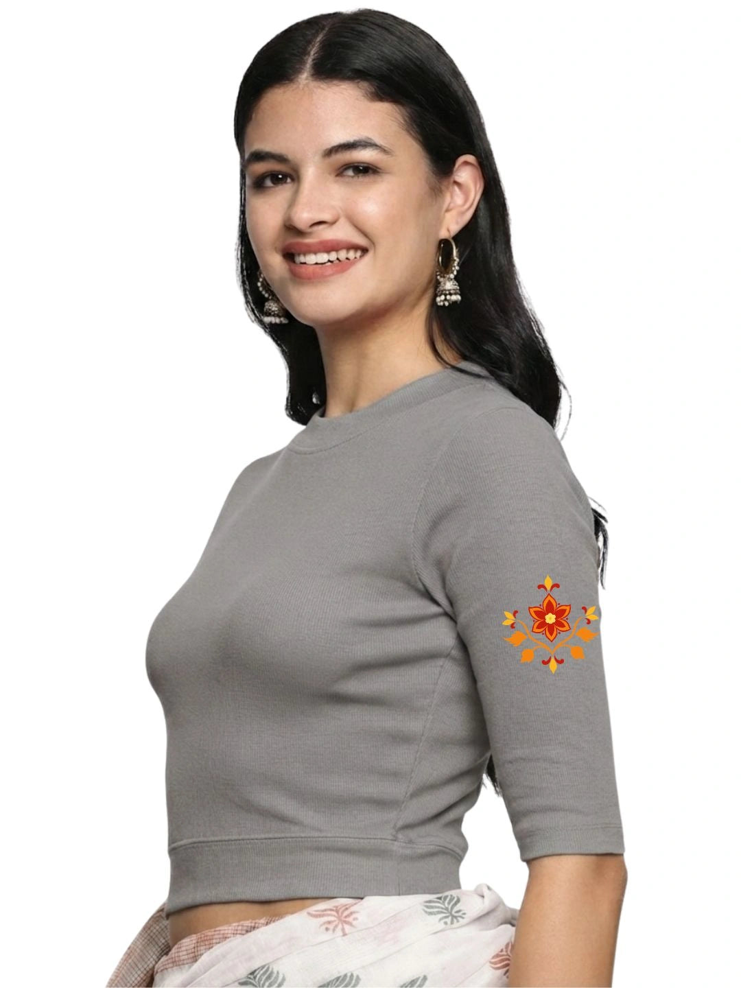 Women Back Printed Stretchable Elbow Sleeve RIB Blouse U0158 LT Steel Grey