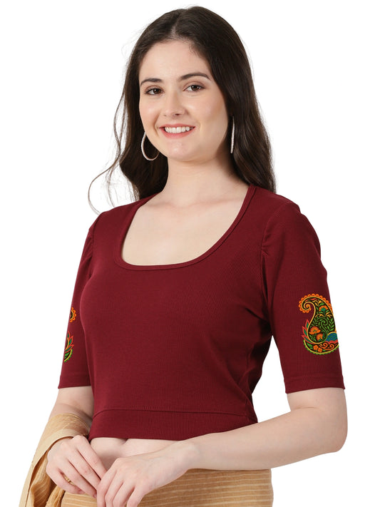Women Stretchable Rib Square Neck Puff Sleeve Blouse Back Print U0247 Maroon