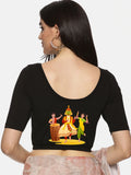Women Back Printed Stretchable Half Sleeve Blouse U083 Black