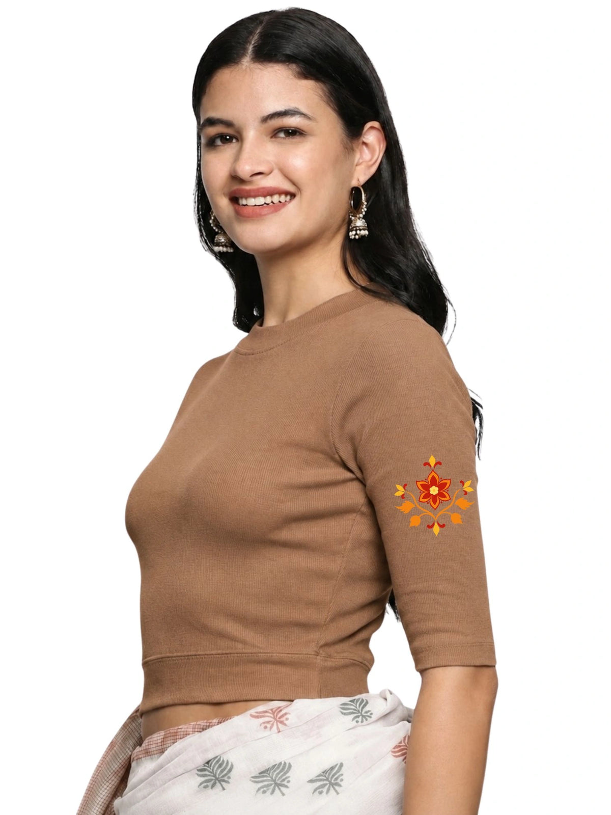 Women Back Printed Stretchable Elbow Sleeve RIB Blouse U0158 Biscuit