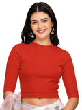 Women Plain Stretchable Elbow Sleeve RIB Blouse U0121 Dark Orange