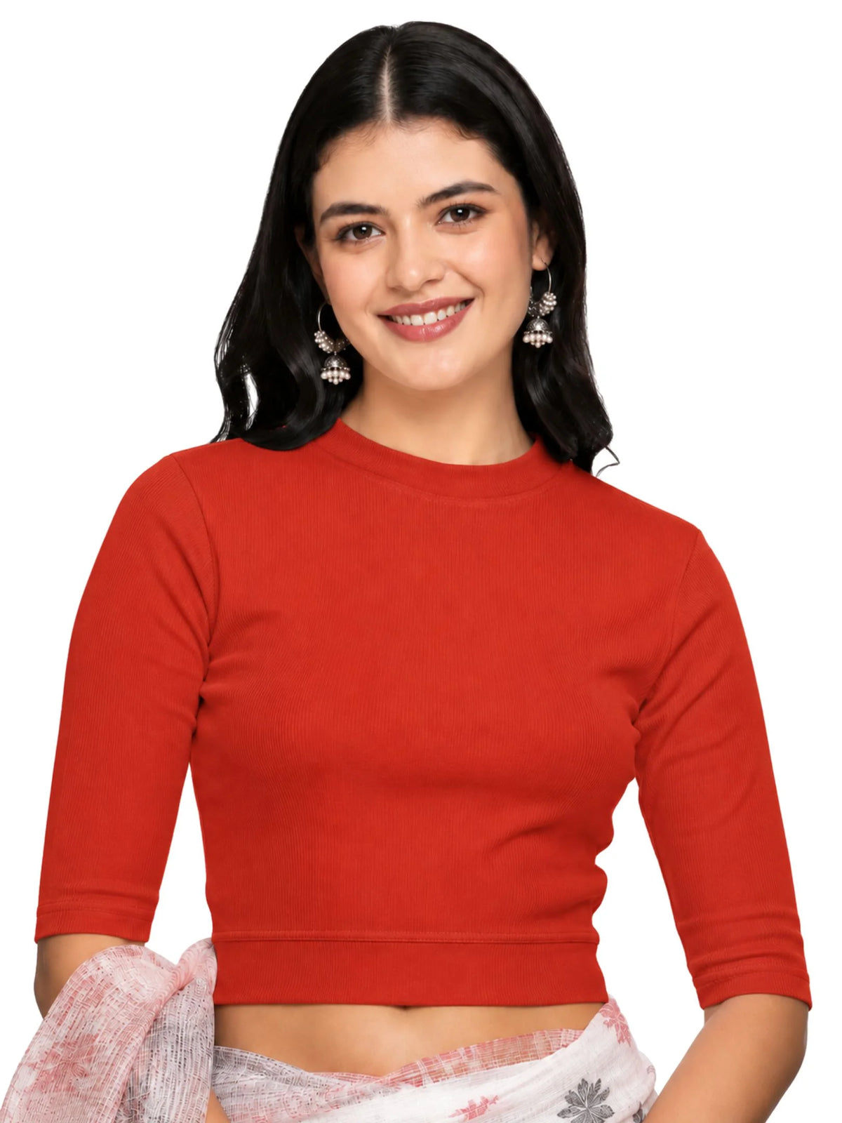 Women Back Printed Stretchable Elbow Sleeve RIB Blouse U0129R Dark Orange