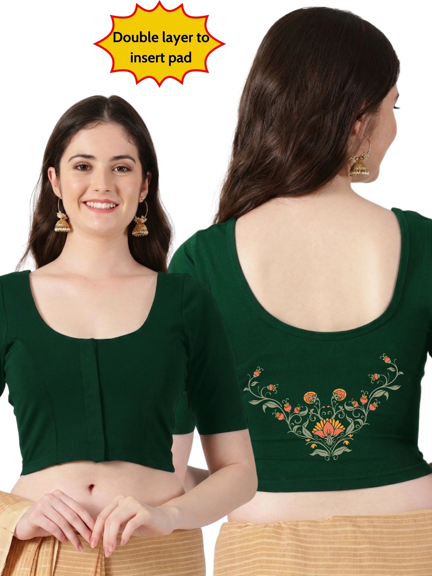 Women Front Open Back Printed Stretchable Half Sleeve Blouse U0264 Bottle Green
