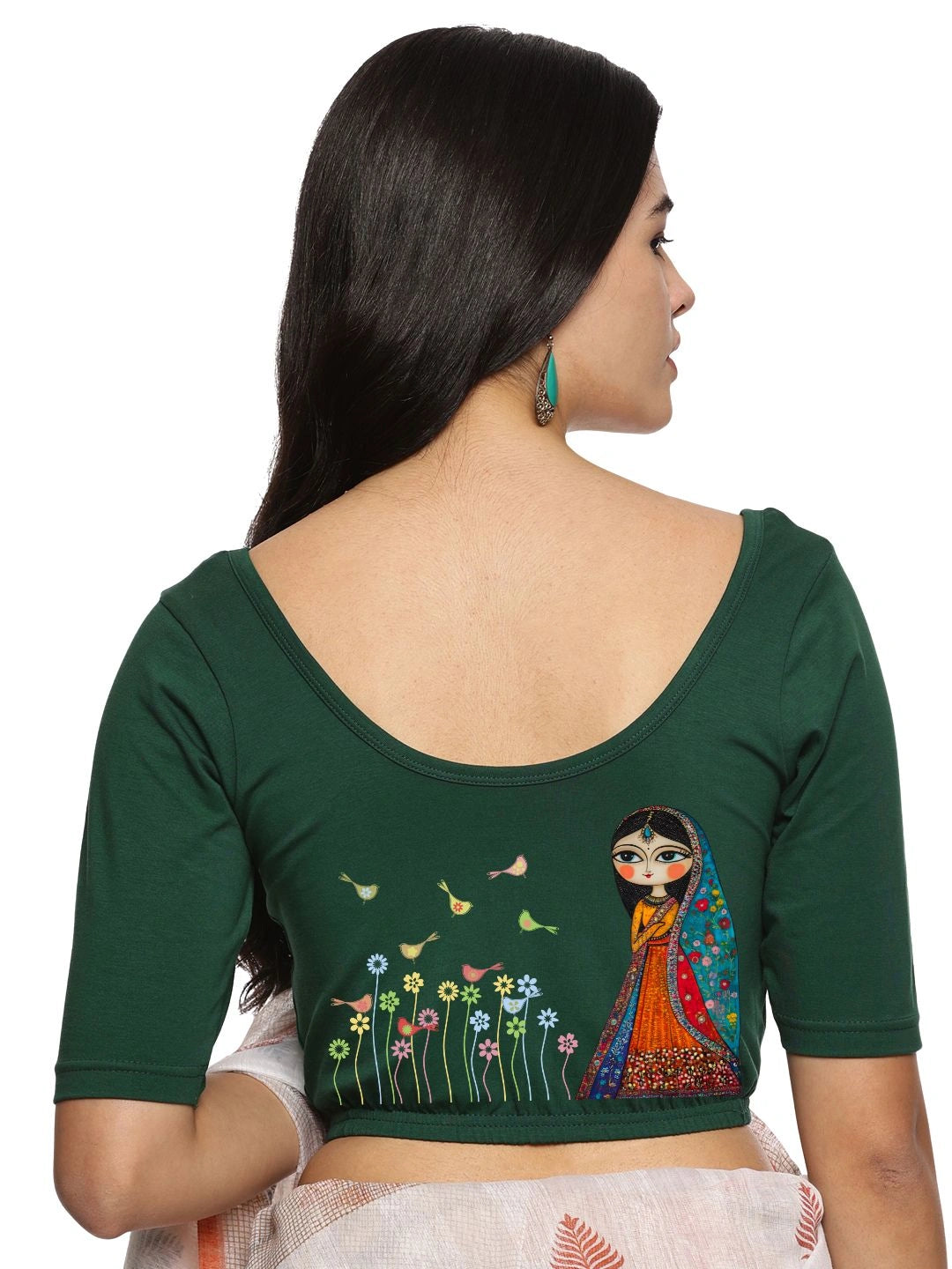 Women Back Printed Stretchable Half Sleeve Blouse U0223 Bottle Green