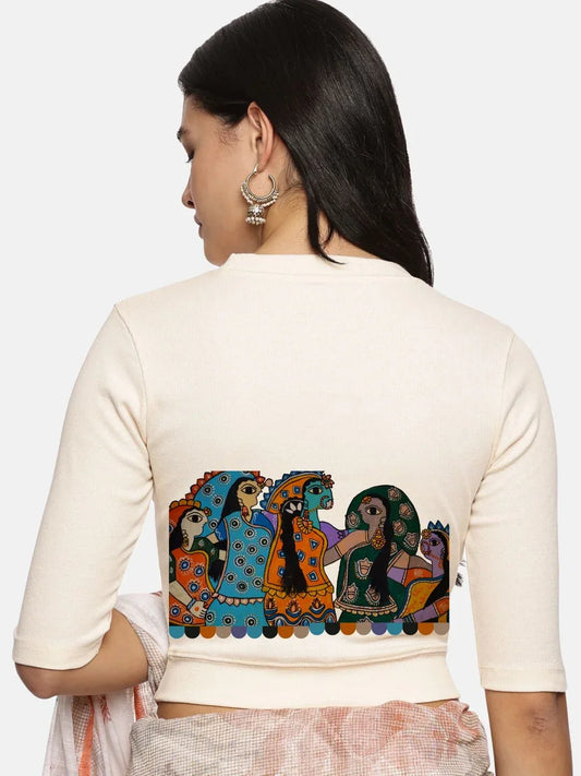 Women Back Printed Stretchable Elbow Sleeve RIB Blouse U0160 - notyetbyus
