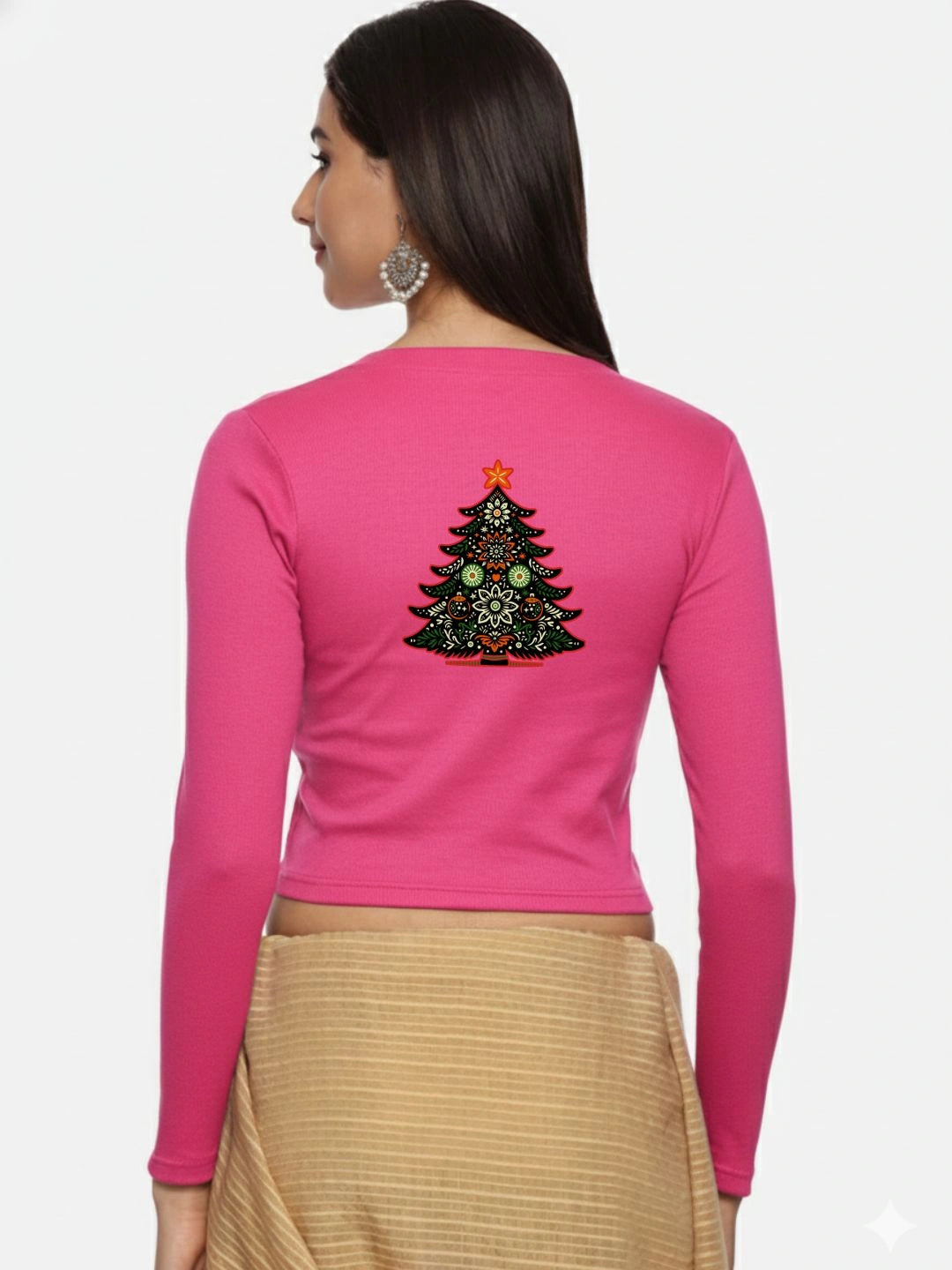 Women Back Printed Stretchable Full Sleeve V Neck RIB Blouse U0192