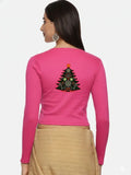 Women Back Printed Stretchable Full Sleeve V Neck RIB Blouse U0192 Rani Pink