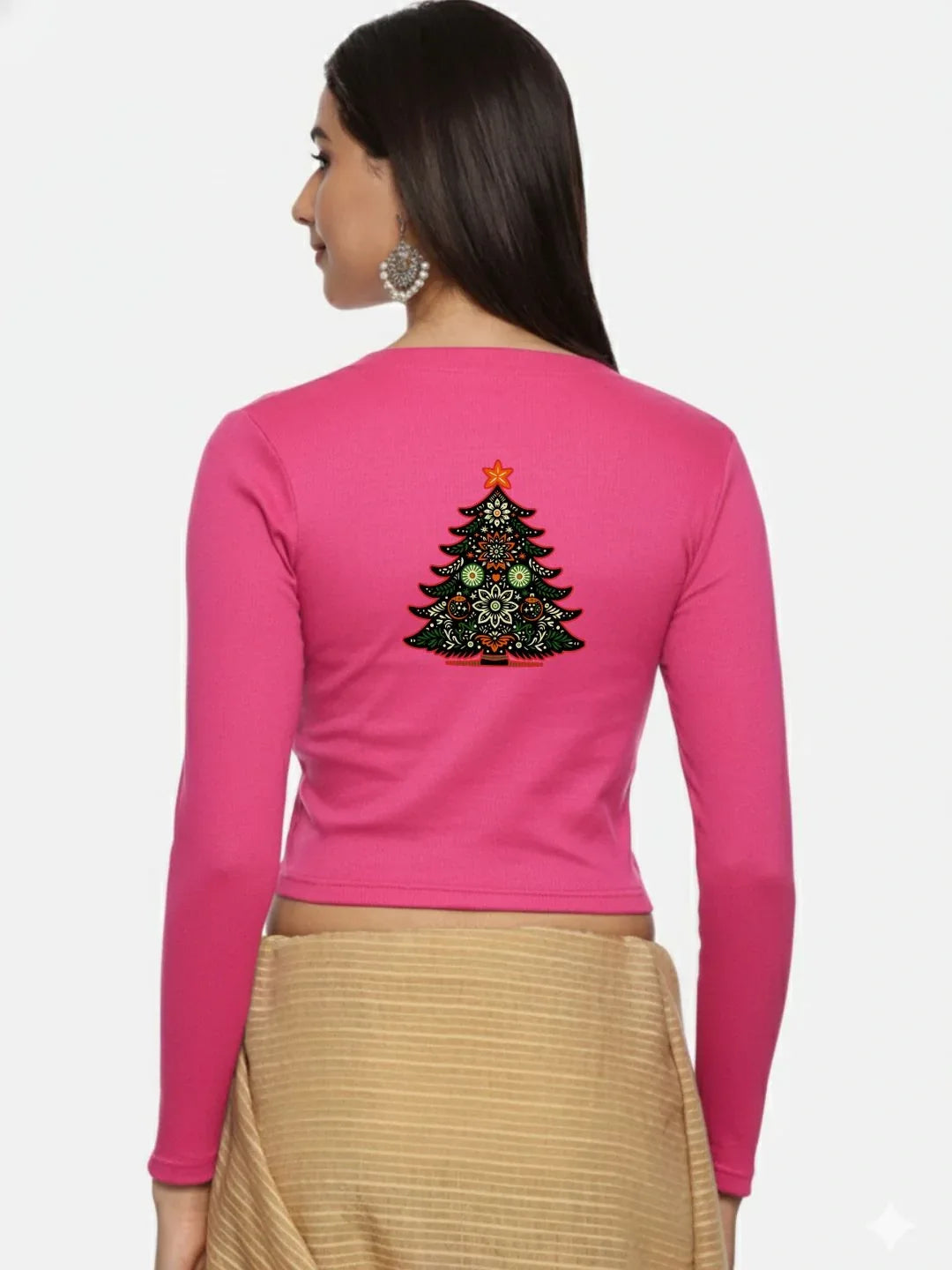 Women Back Printed Stretchable Full Sleeve V Neck RIB Blouse U0192 - notyetbyus