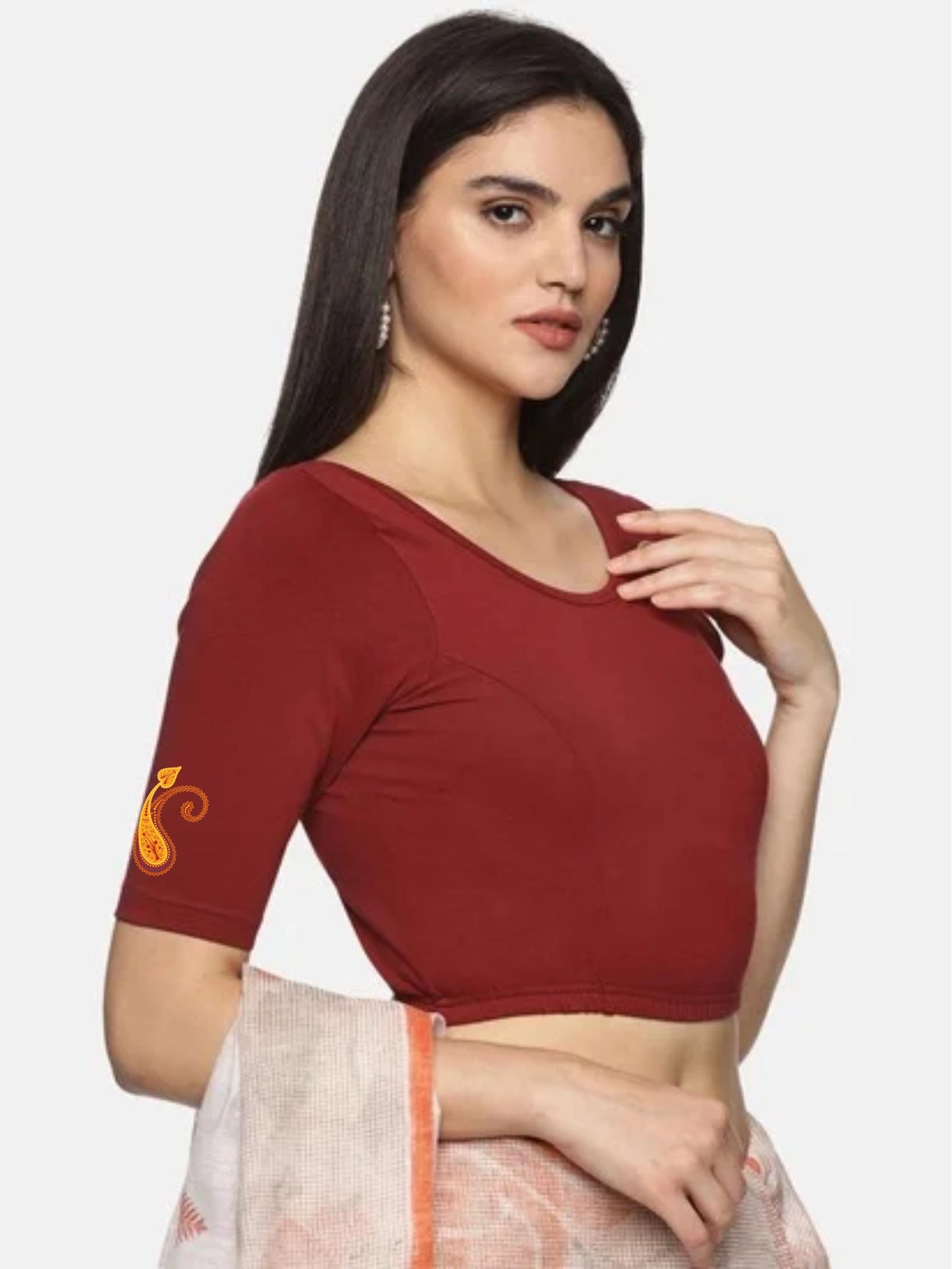 Women Back Printed Stretchable Half Sleeve Blouse U0177 Maroon