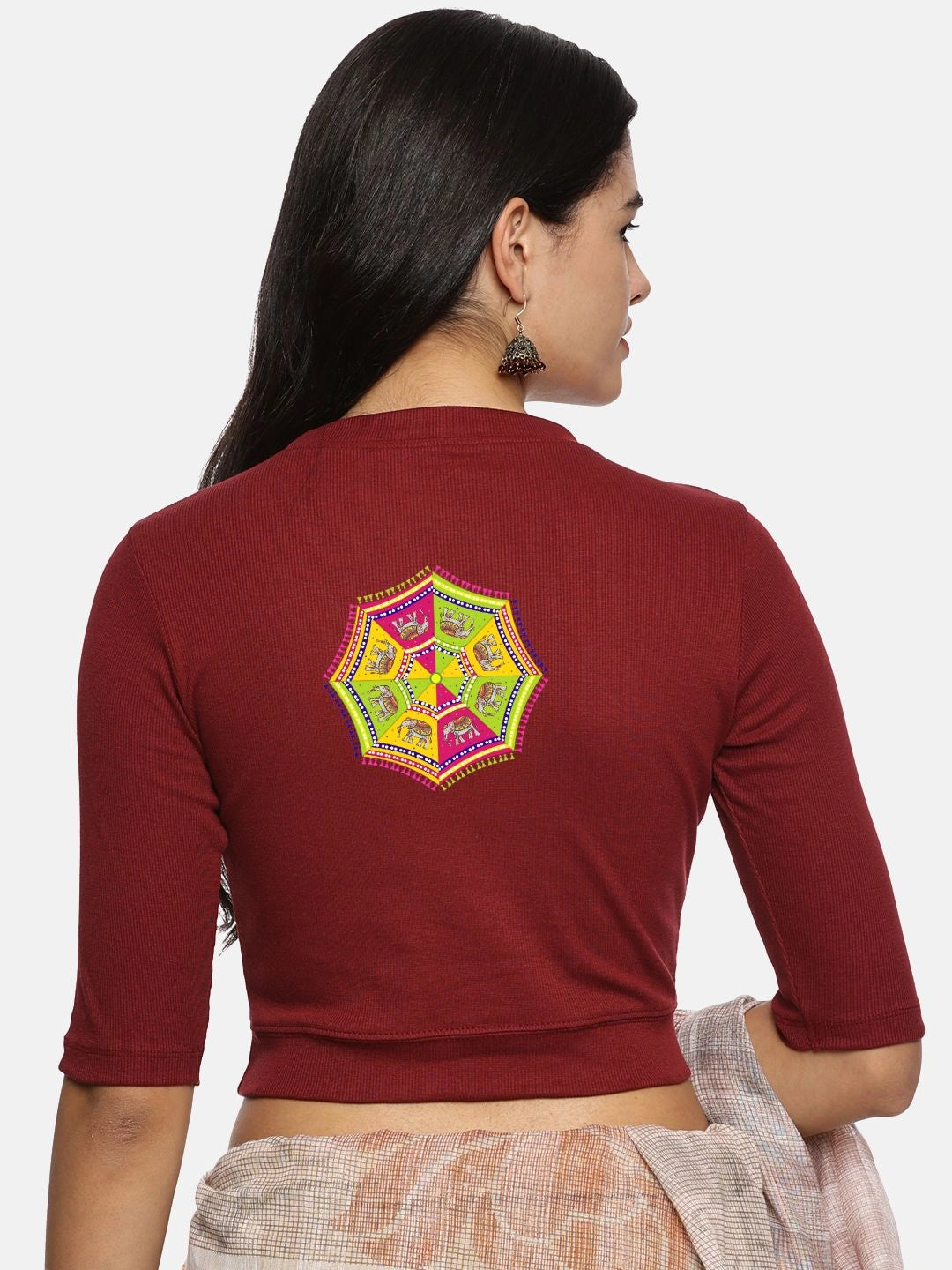 Women Back Printed Stretchable Elbow Sleeve RIB Blouse U0159