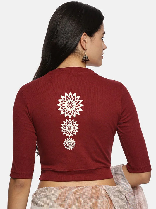 Women Back Printed Stretchable Elbow Sleeve RIB Blouse U0170 - notyetbyus