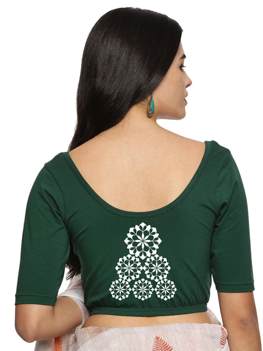 Women Back Printed Stretchable Half Sleeve Blouse U0224 Bottle Green