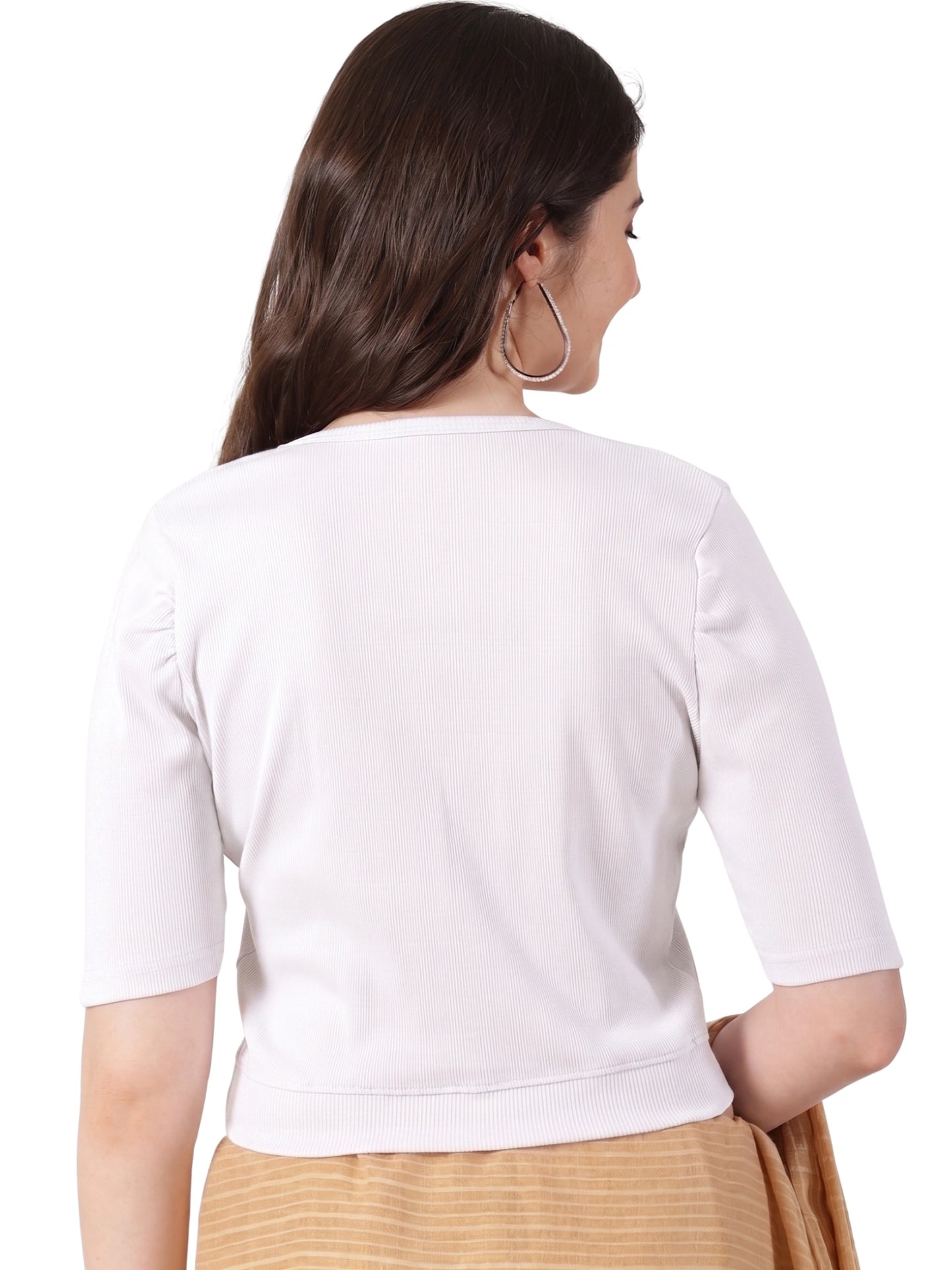 Women Plain Stretchable Rib Square Neck Puff Sleeve Blouse U0251 White