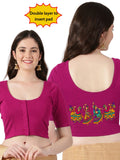 Women Front Open Back Printed Stretchable Half Sleeve Blouse U0260 Rani Pink