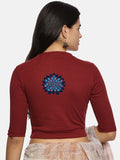 Women Back Printed Stretchable Elbow Sleeve RIB Blouse U0169 Maroon