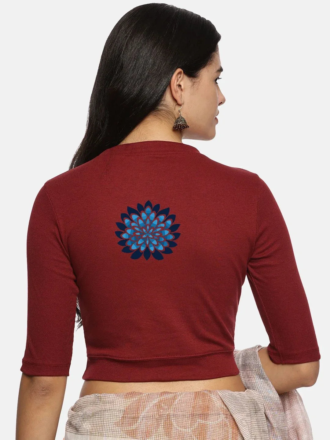 Women Back Printed Stretchable Elbow Sleeve RIB Blouse U0169 - notyetbyus