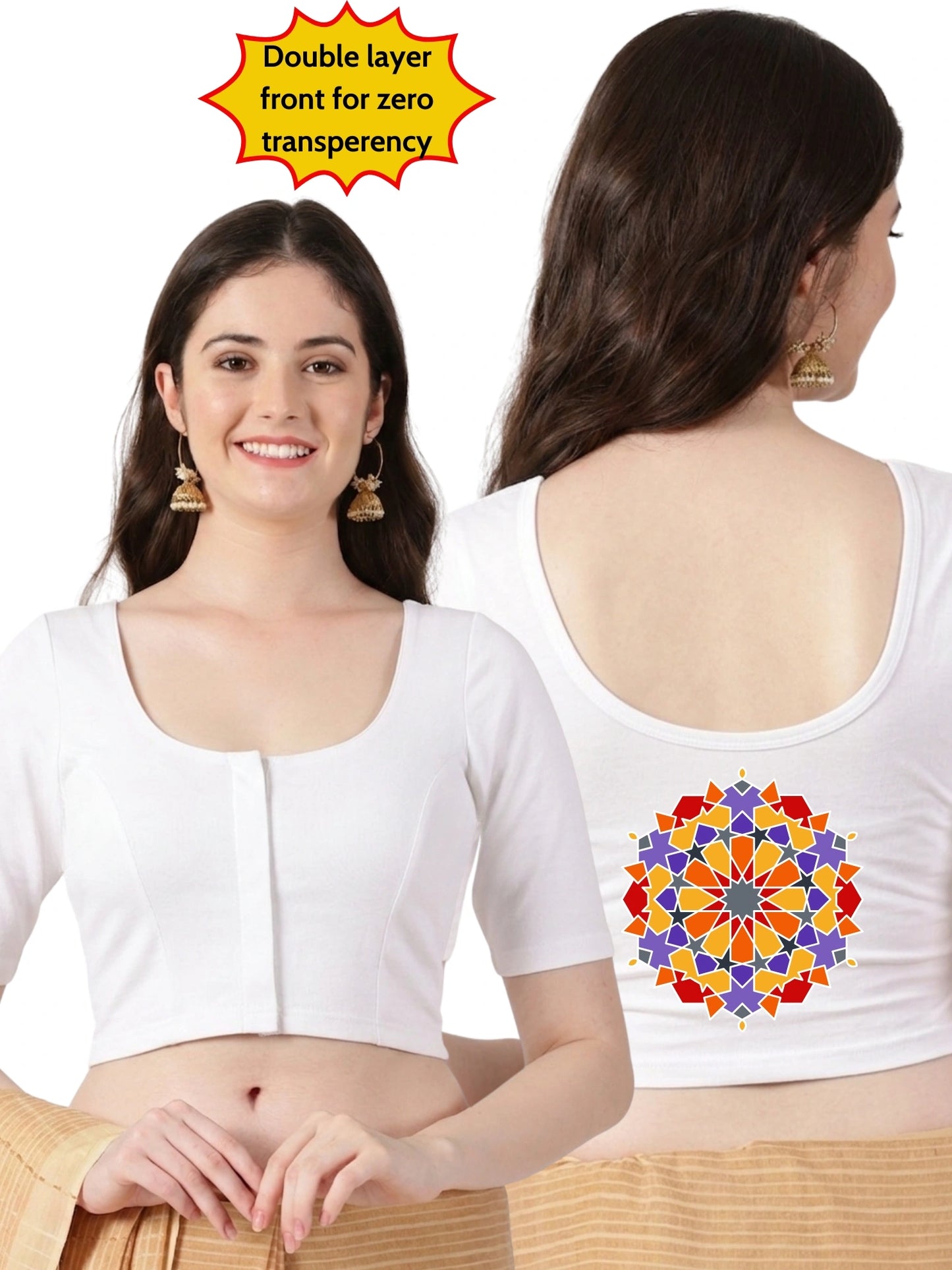 Women Front Open Back Printed Stretchable Half Sleeve Blouse U0266 White