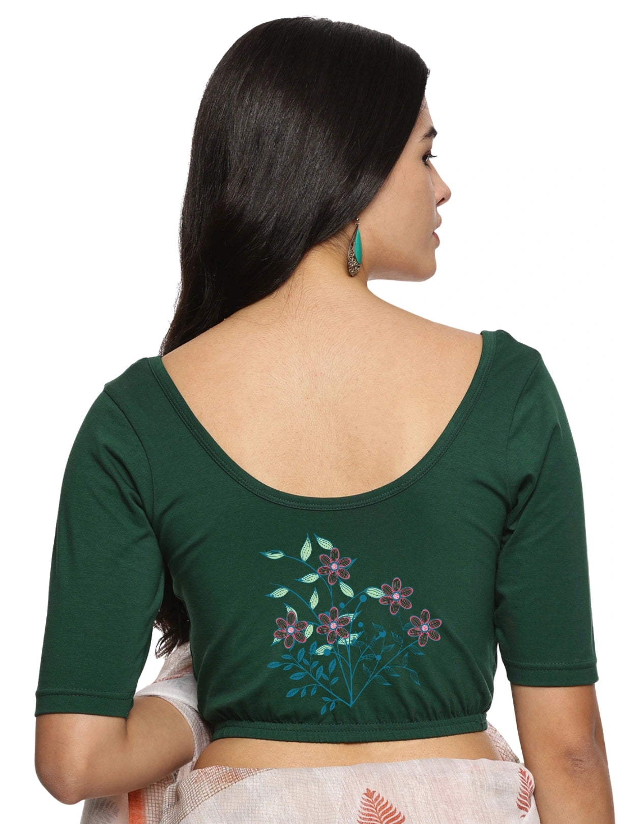 Women Back Printed Stretchable  Half Sleeve Blouse U0225 Bottle Green