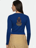 Women Back Printed Stretchable Full Sleeve V Neck RIB Blouse U0190 Royal Blue