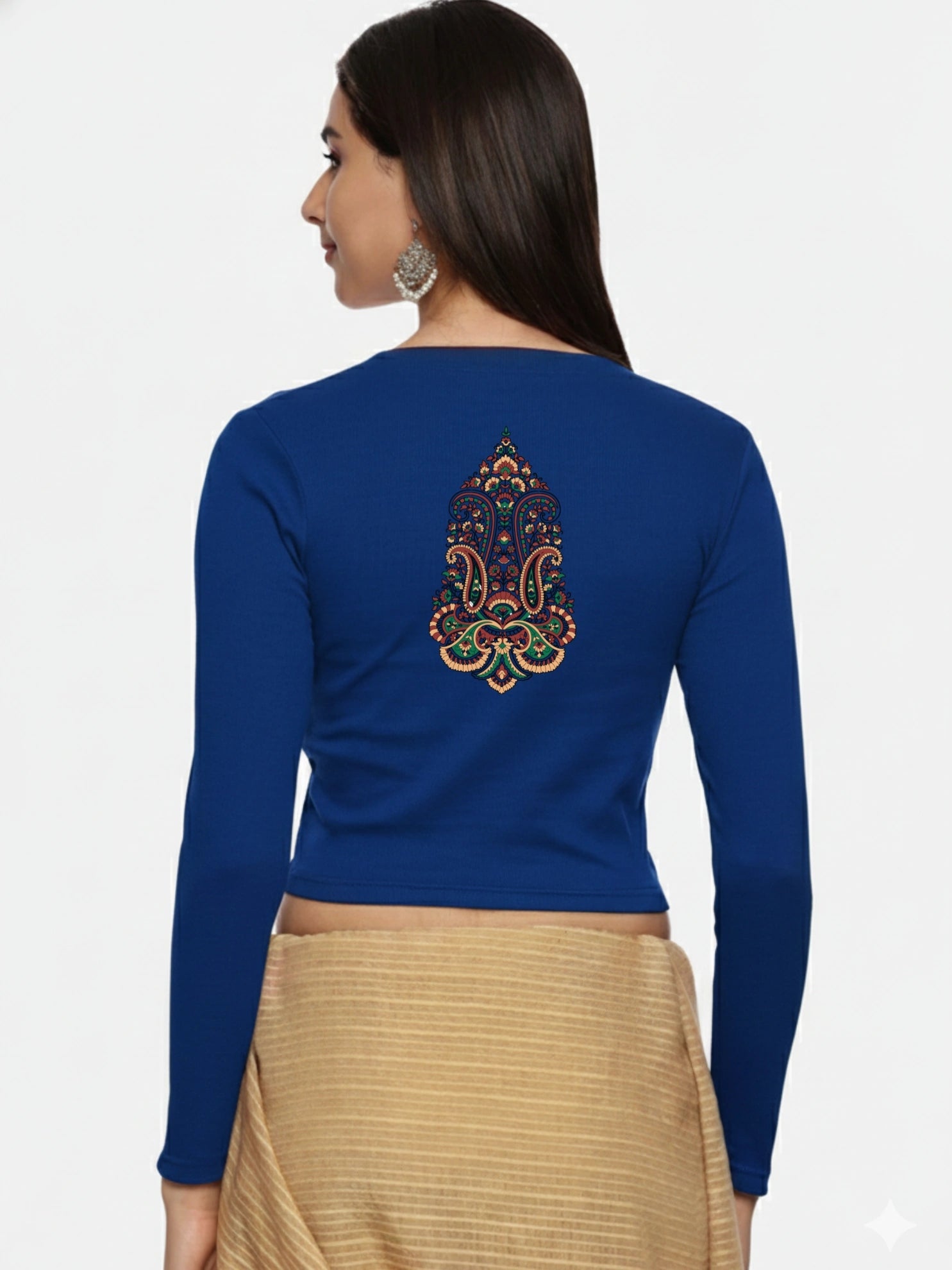 Women Back Printed Stretchable Full Sleeve V Neck RIB Blouse U0190