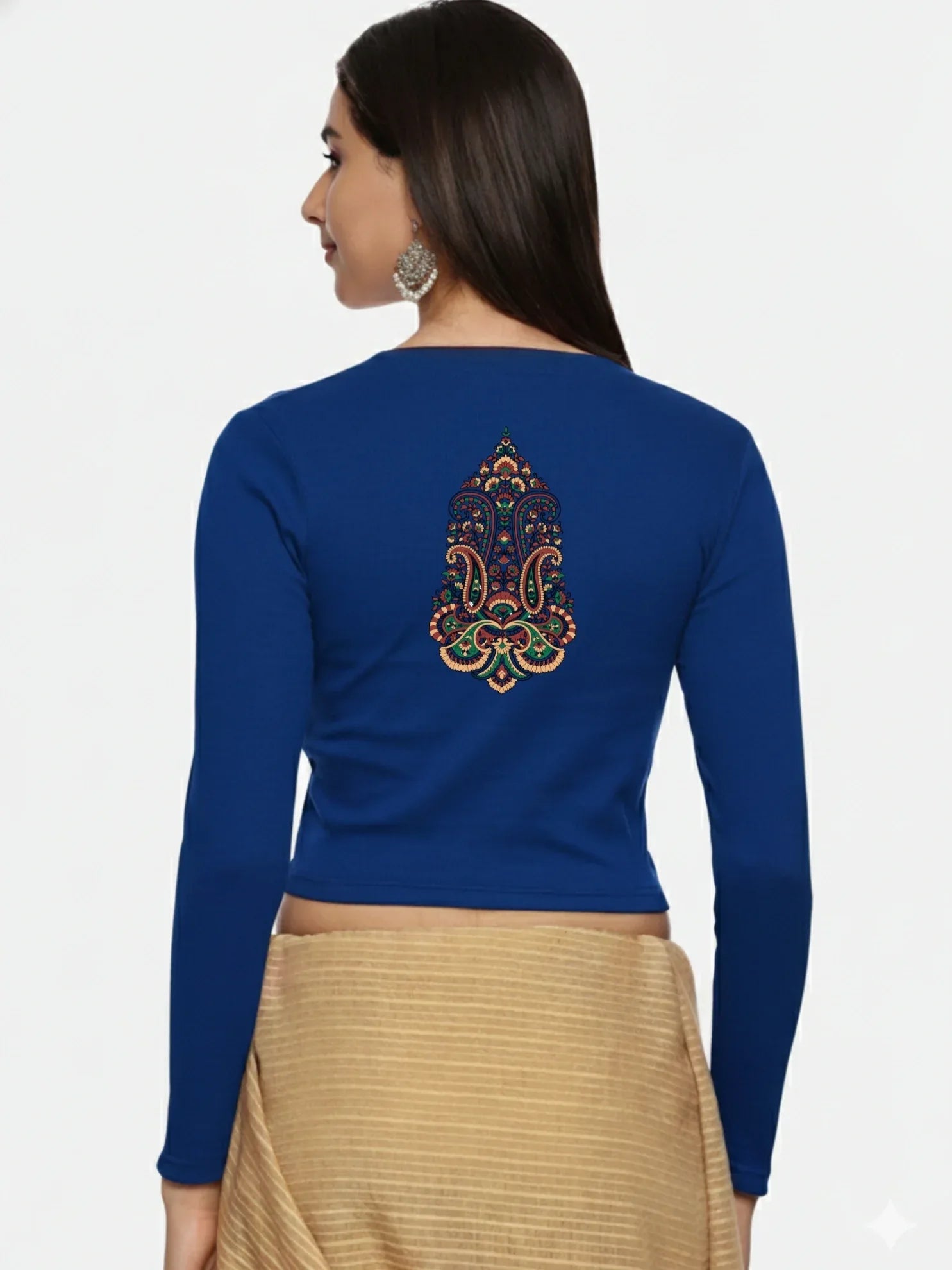 Women Back Printed Stretchable Full Sleeve V Neck RIB Blouse U0190 - notyetbyus