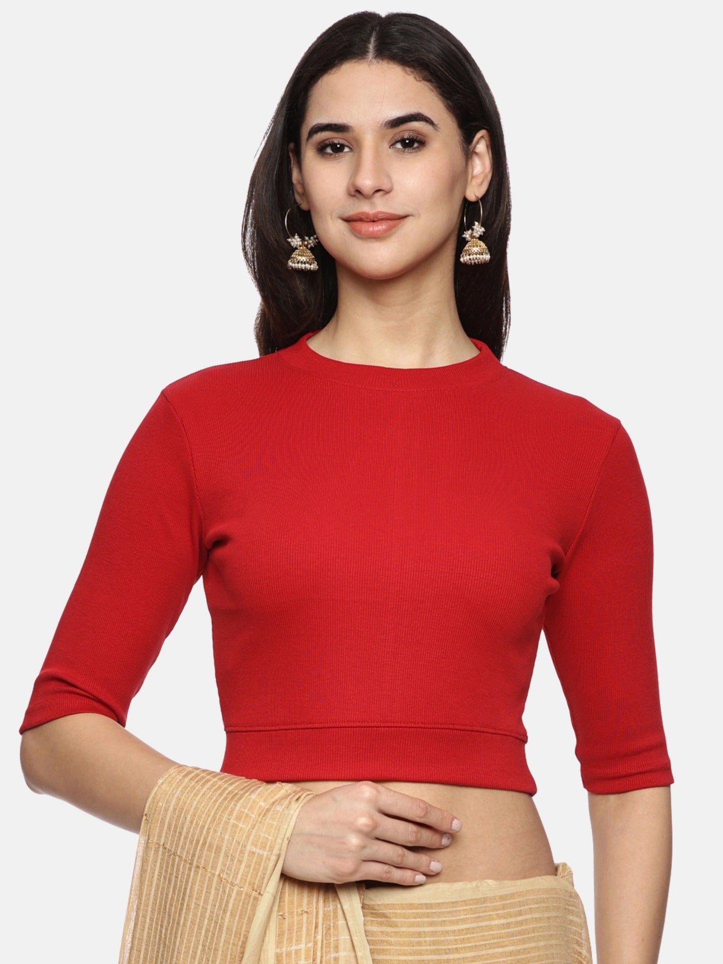 Women Back Printed Stretchable Elbow Sleeve RIB Blouse U0171 Red