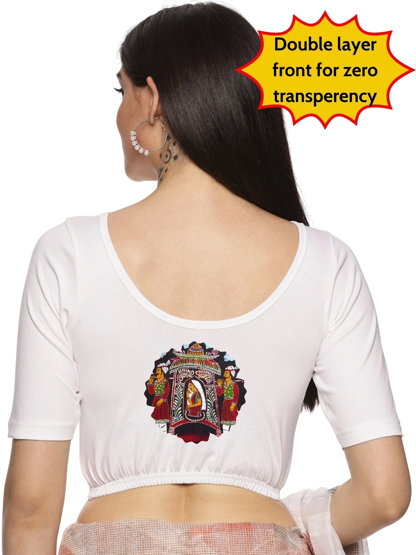 Women Back Printed Stretchable Half Sleeve Blouse U0140 White