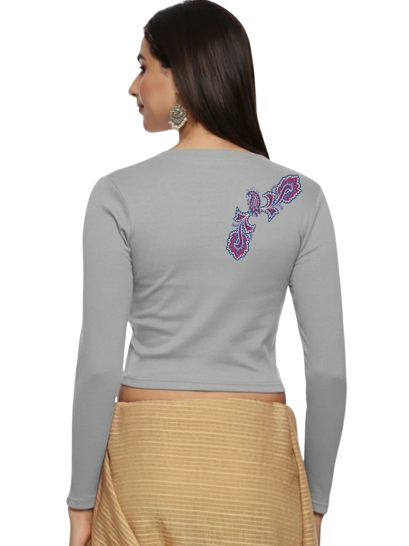 Women Back Printed Stretchable Full Sleeve V Neck RIB Blouse U0217 - notyetbyus