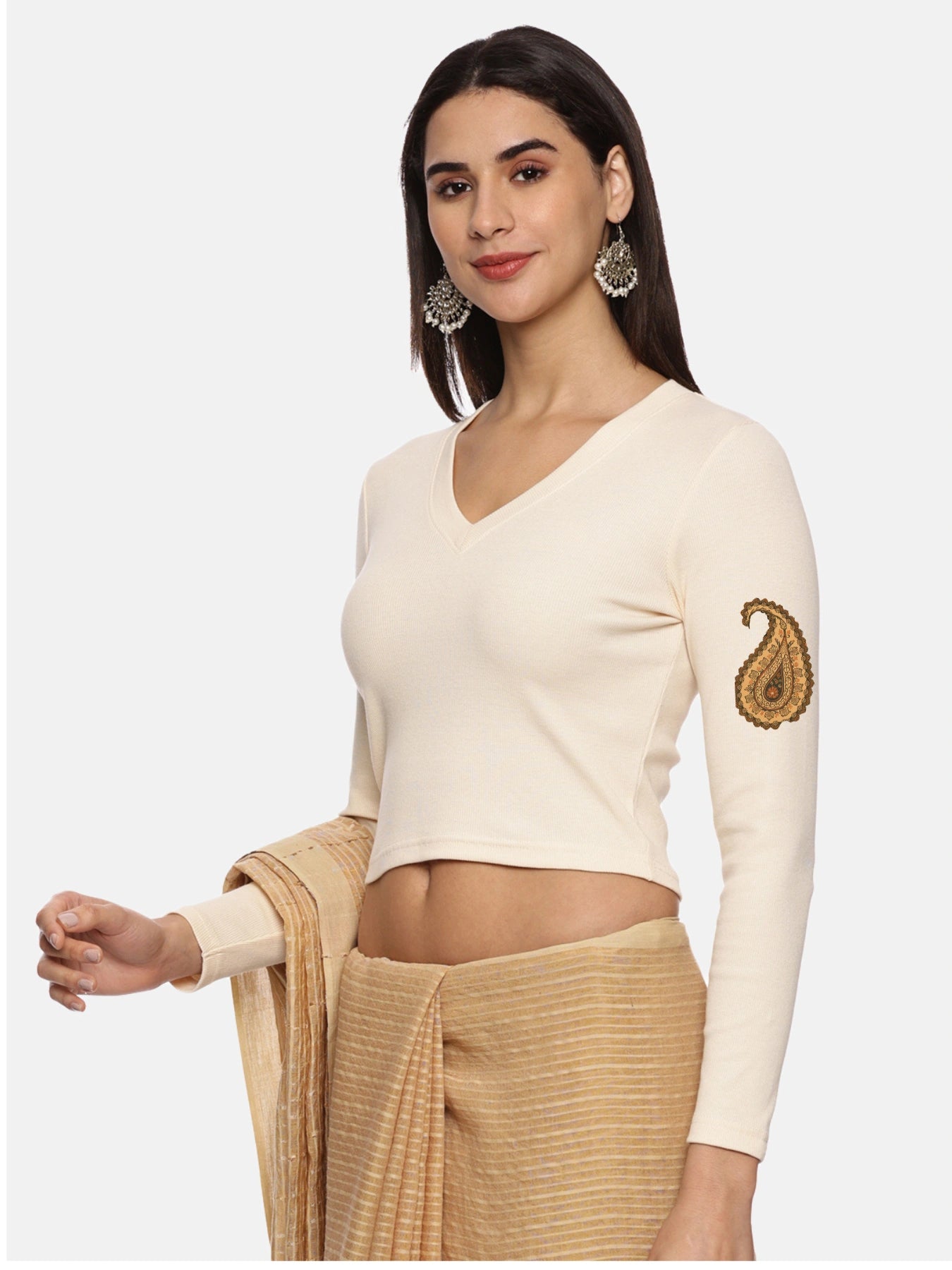 Women Back Printed Stretchable Full Sleeve V Neck RIB Blouse U0186 Cream