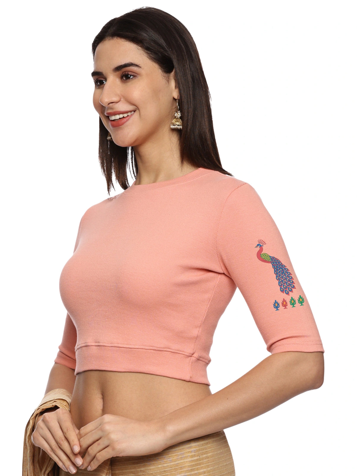 Women Back Printed Stretchable Elbow Sleeve RIB Blouse U0254 Peach