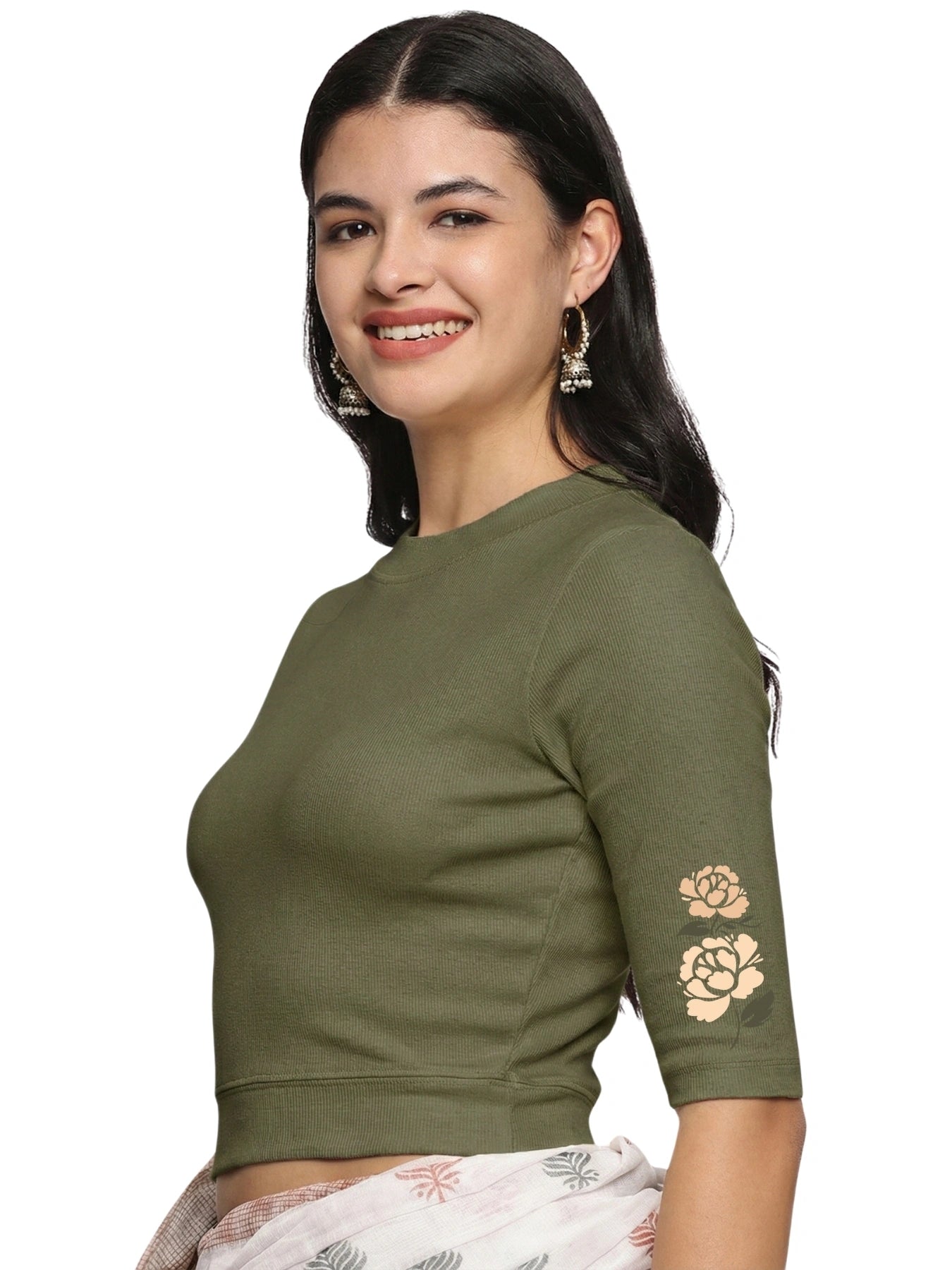 Women Back Printed Stretchable Elbow Sleeve RIB Blouse U0114 Khaki Green