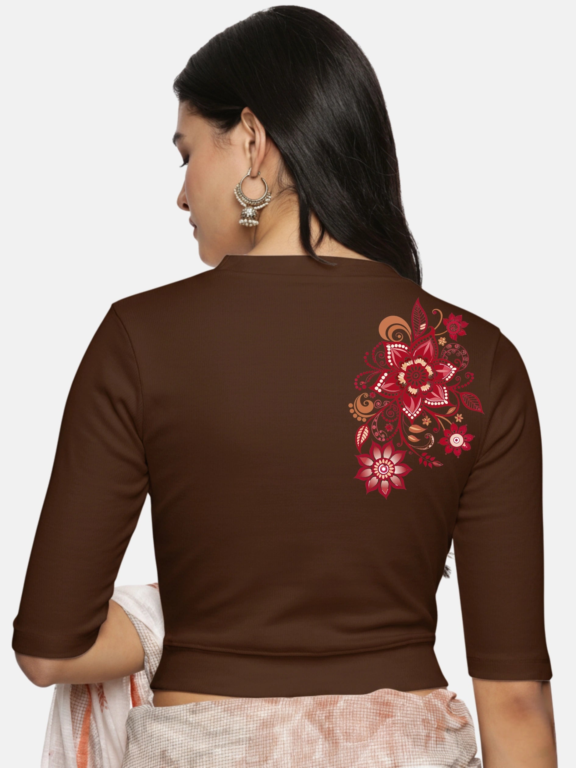 Women Back Printed Stretchable Elbow Sleeve RIB Blouse U0122 - notyetbyus