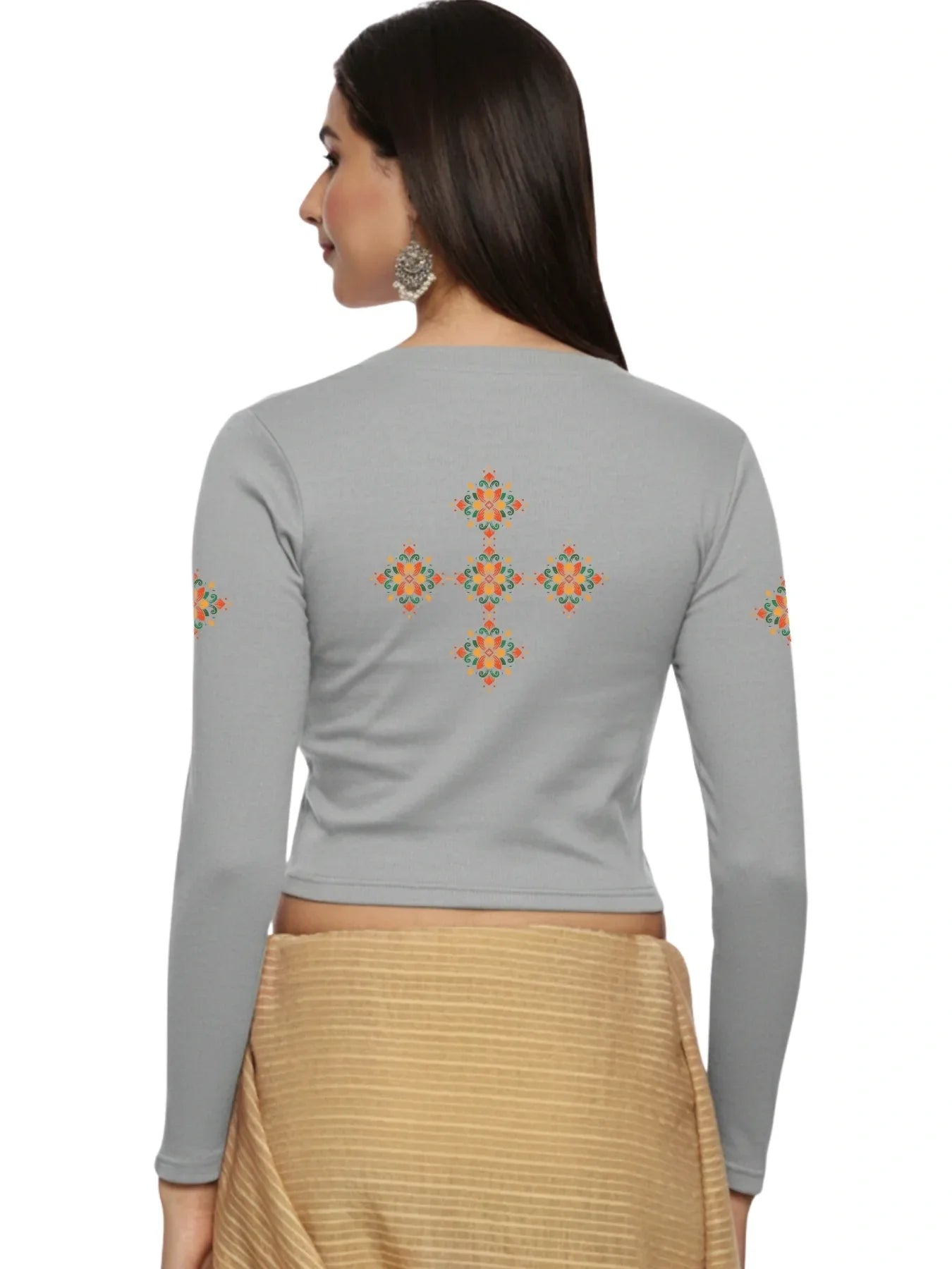 Women Back Printed Stretchable Full Sleeve V Neck RIB Blouse U0215 - notyetbyus