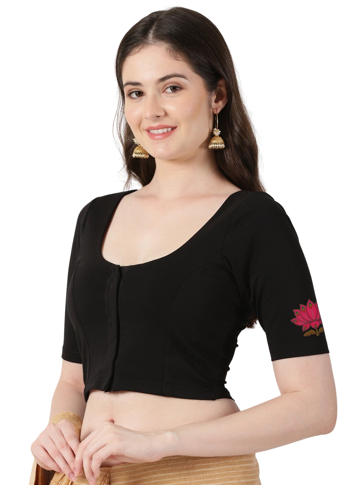 Women Front Open Back Printed Stretchable Half Sleeve Blouse U0259 Black