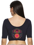 Women Back Printed Stretchable Half Sleeve Blouse U0141 Navy