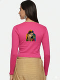 Women Back Printed Stretchable Full Sleeve V Neck RIB Blouse U0185 Rani Pink