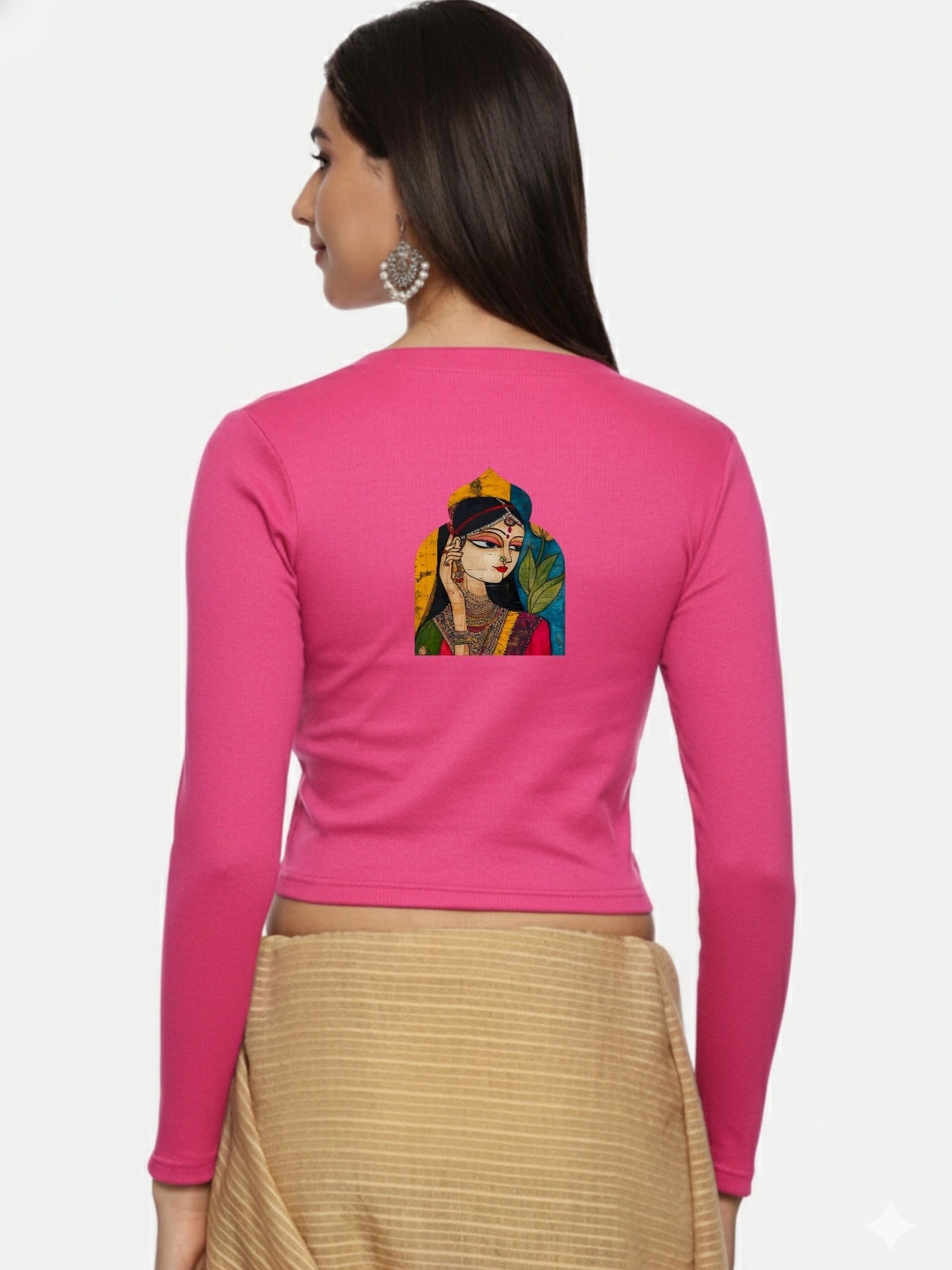 Women Back Printed Stretchable Full Sleeve V Neck RIB Blouse U0185